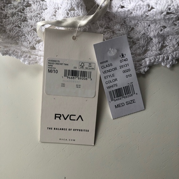 RVCA Railroad Crochet tank. NWT. Size Med - Picture 6 of 7